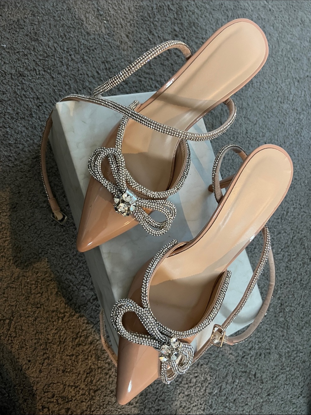 Women's Pointed Toe Slingback Heels in Nude with Crystal Bow